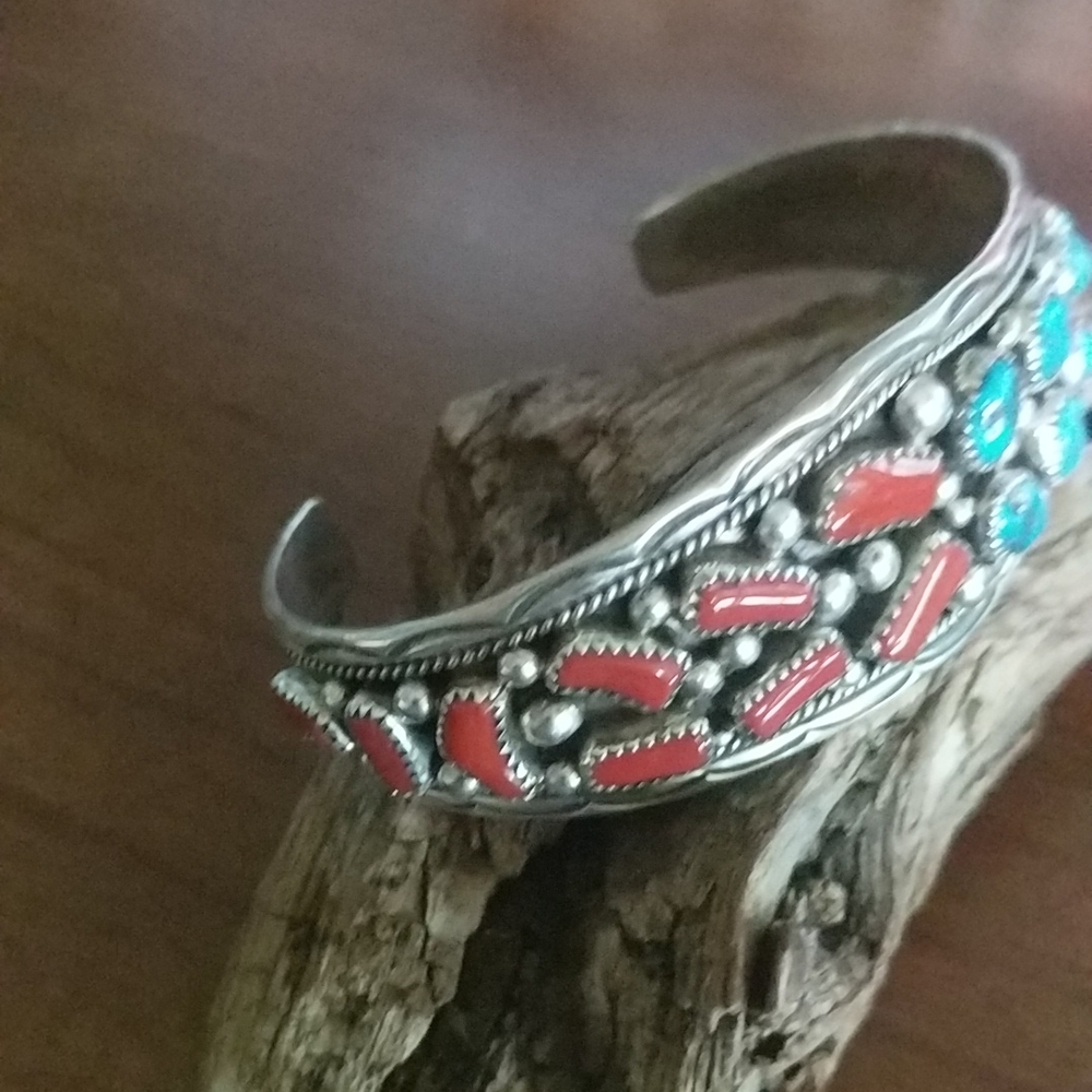 Native American Turquoise & Coral Stamped Cuff - Picture 5 of 10